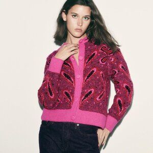 Zara paisley pink sweater pompon jacquard knit cardigan Medium M MED